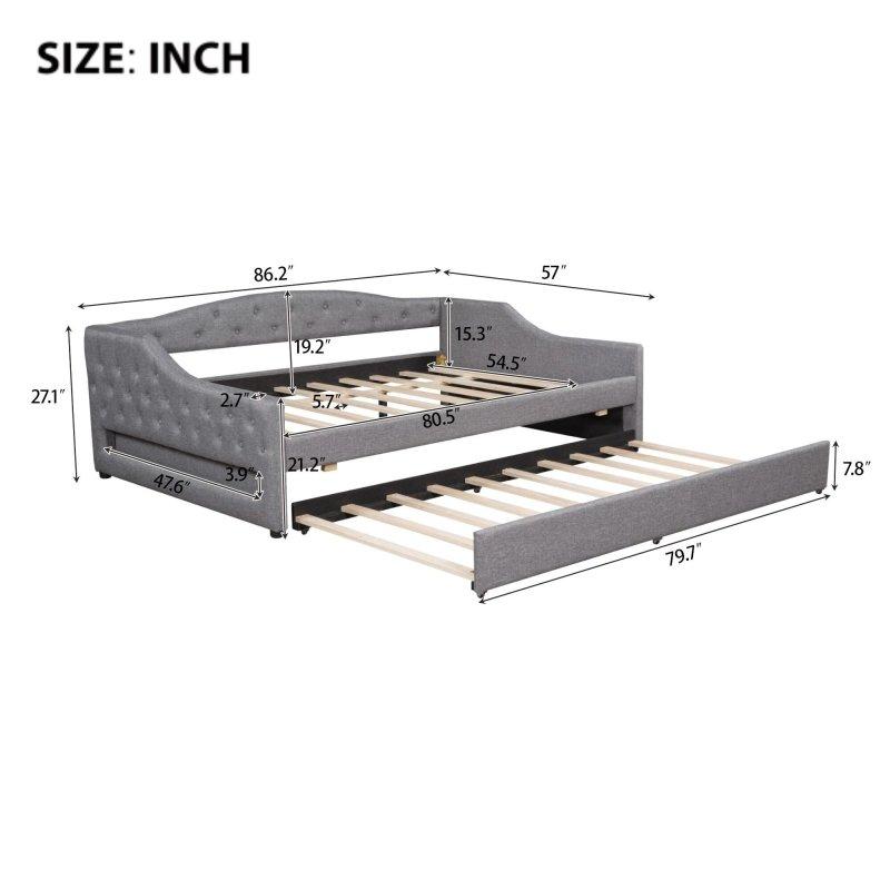 Bej Keten Döşemeli LED Aydınlatmalı ve Yavru Yataklı Daybed Karyola - 329843
