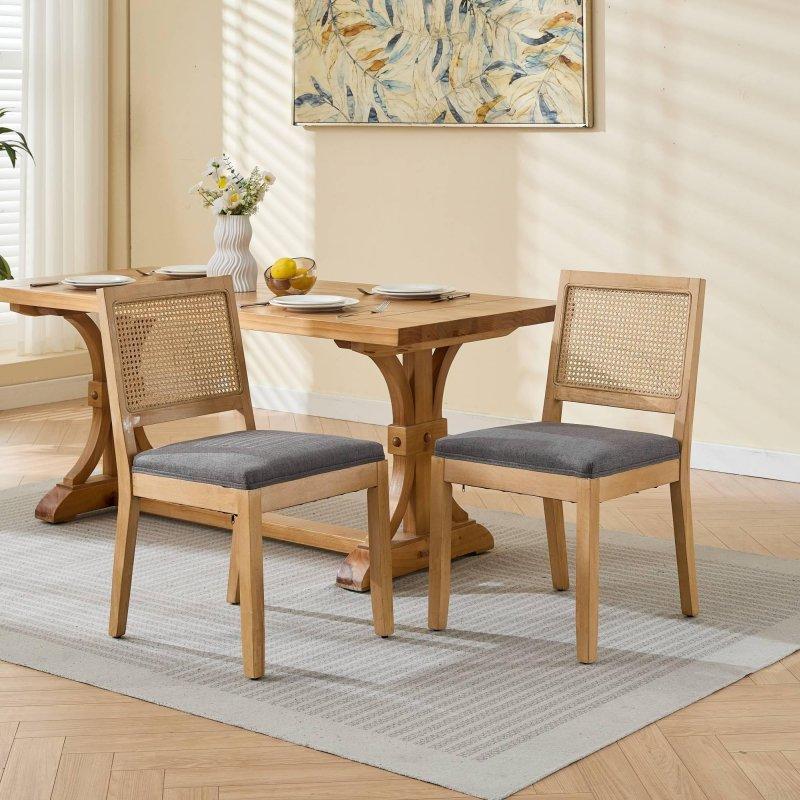 Bej Keten Döşemeli Masif Ahşap 2li Set Rattan Sandalye - 251935