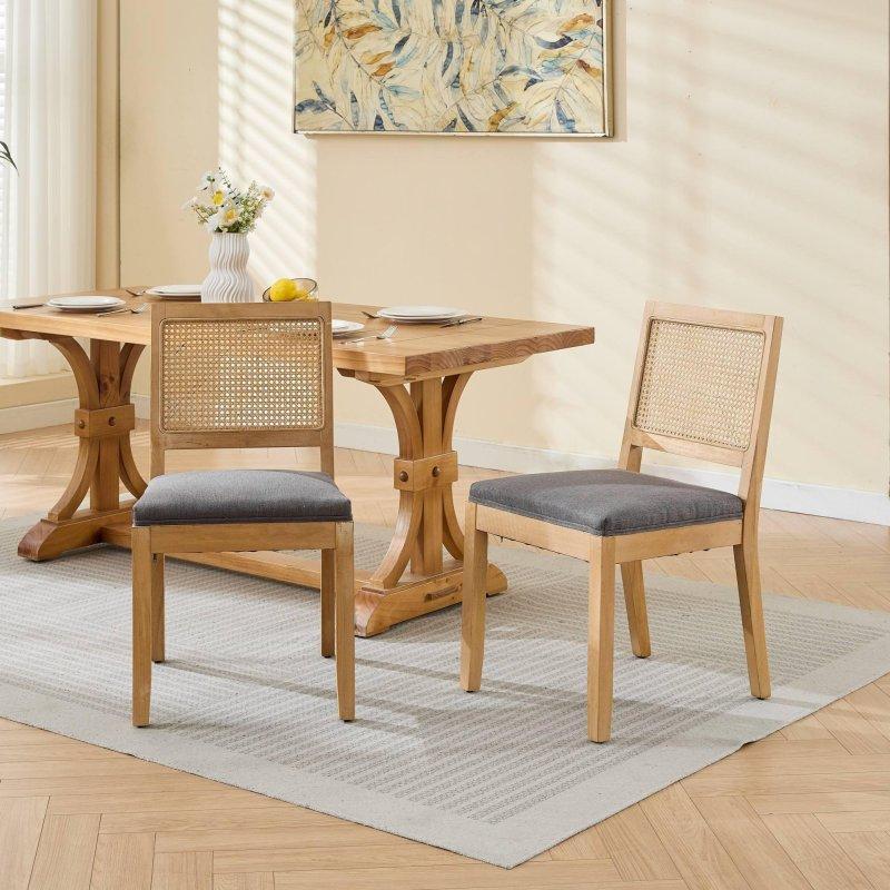 Bej Keten Döşemeli Masif Ahşap 2li Set Rattan Sandalye - 251935