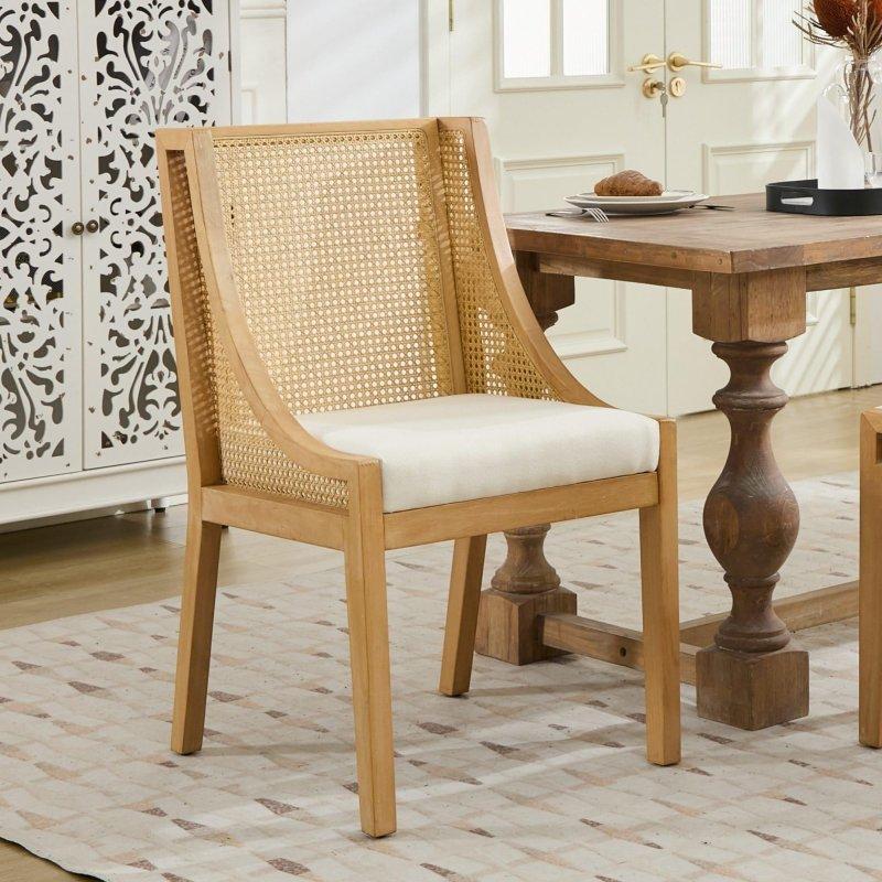 Bej Keten Döşemeli Masif Kauçuk Ağacı Kollu Rattan Sandalye - 252581