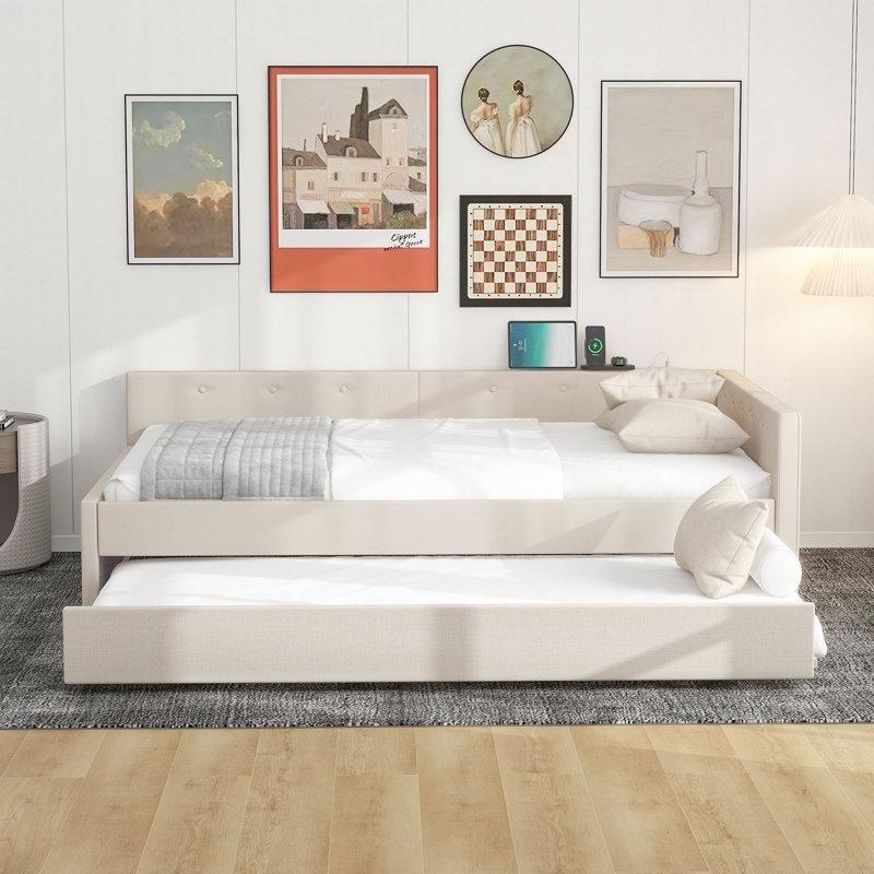 Bej Keten Döşemeli Masif ve Endüstriyel Ahşap USB Portlu Yavru Yataklı Karyola - 149x204 cm - 328550 Bej Keten Döşemeli Masif ve Endüstriyel Ahşap USB Portlu Yavru Yataklı Karyola - 149x204 cm - 328550