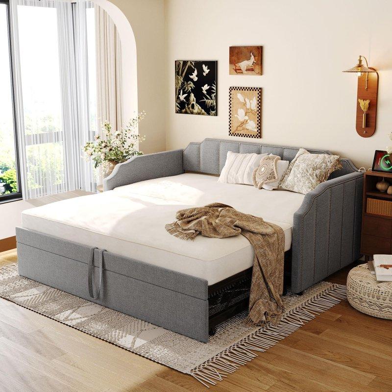 Bej Keten Döşemeli USB Portlu Yavru Yataklı Daybed Karyola - 206x110x93 cm - 329745