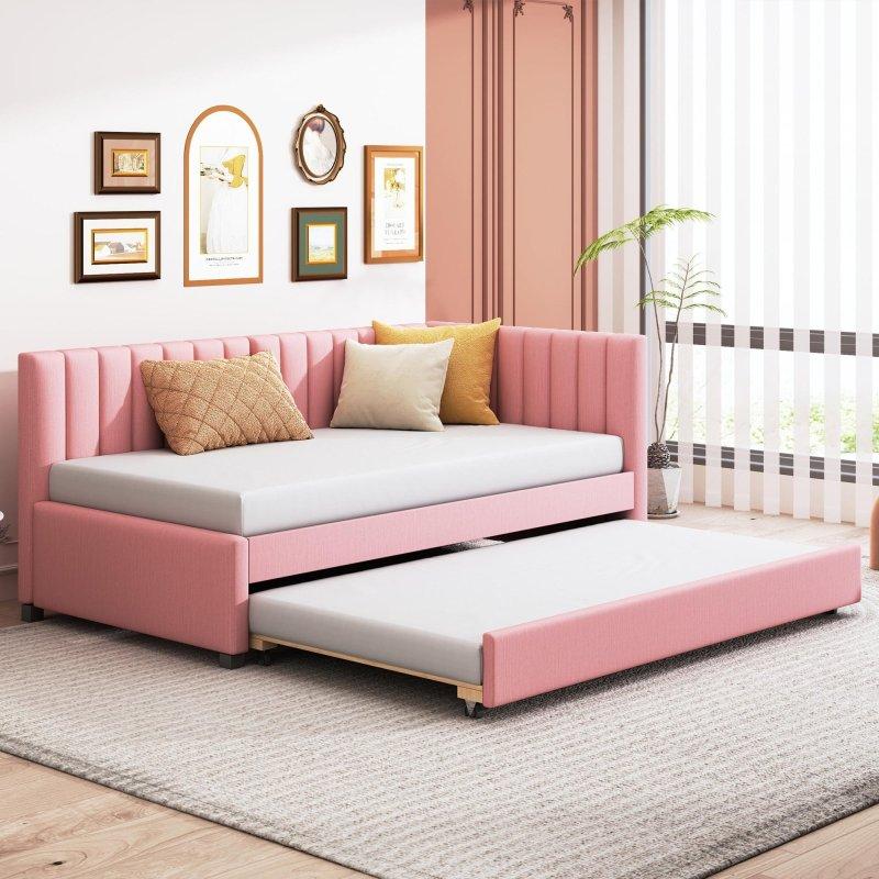 Bej Keten Döşemeli Yavru Yataklı Daybed Karyola - 329832