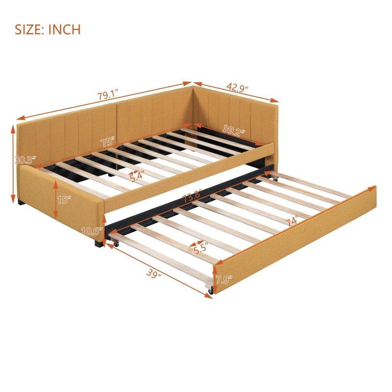 Bej Keten Döşemeli Yavru Yataklı L Sırtlıklı Ahşap Daybed Karyola - 329914