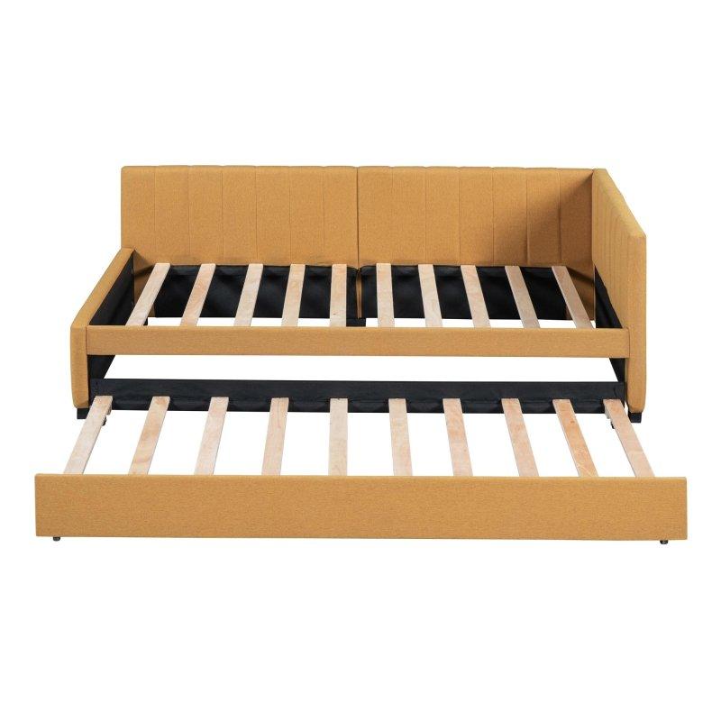 Bej Keten Döşemeli Yavru Yataklı L Sırtlıklı Ahşap Daybed Karyola - 329914