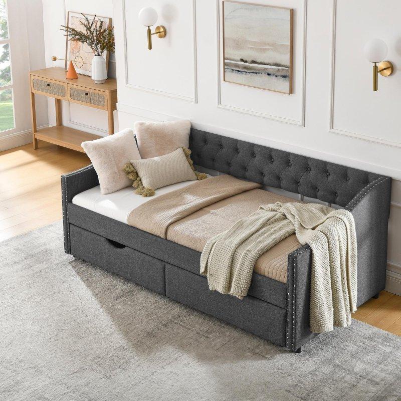 Bej Keten Kapitoneli Çekmeceli Zımba Detaylı Daybed Karyola - 330007