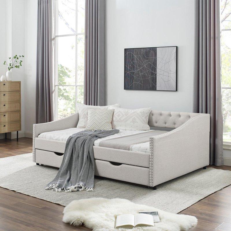 Bej Keten Kapitoneli Çekmeceli Zımba Detaylı Daybed Karyola - 330007