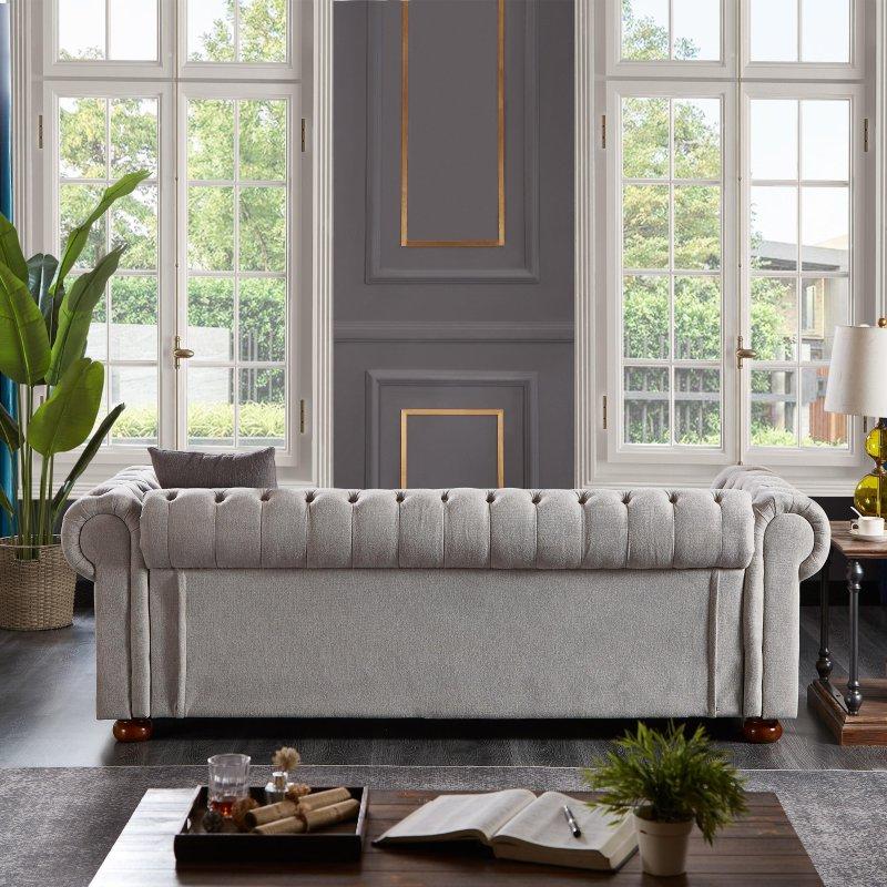 Bej Keten Kapitoneli ve Bronz Zımbalı Yuvarlak Kollu Bohem Koltuk - 225 cm - 283560