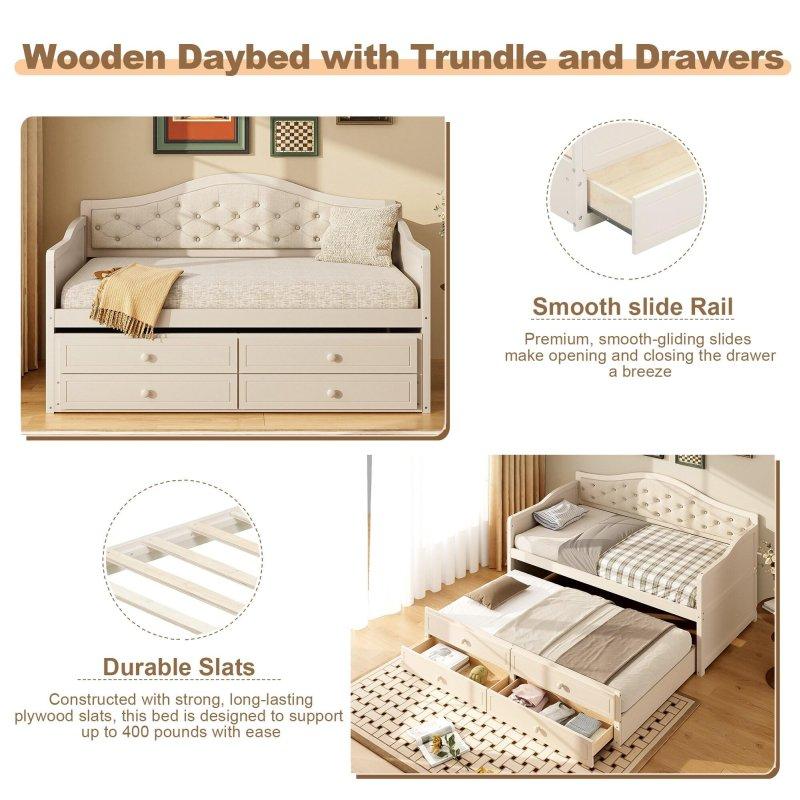Bej Keten Kapitoneli Yavru Yataklı ve 2 Çekmeceli Masif Ahşap Daybed Karyola - 329799