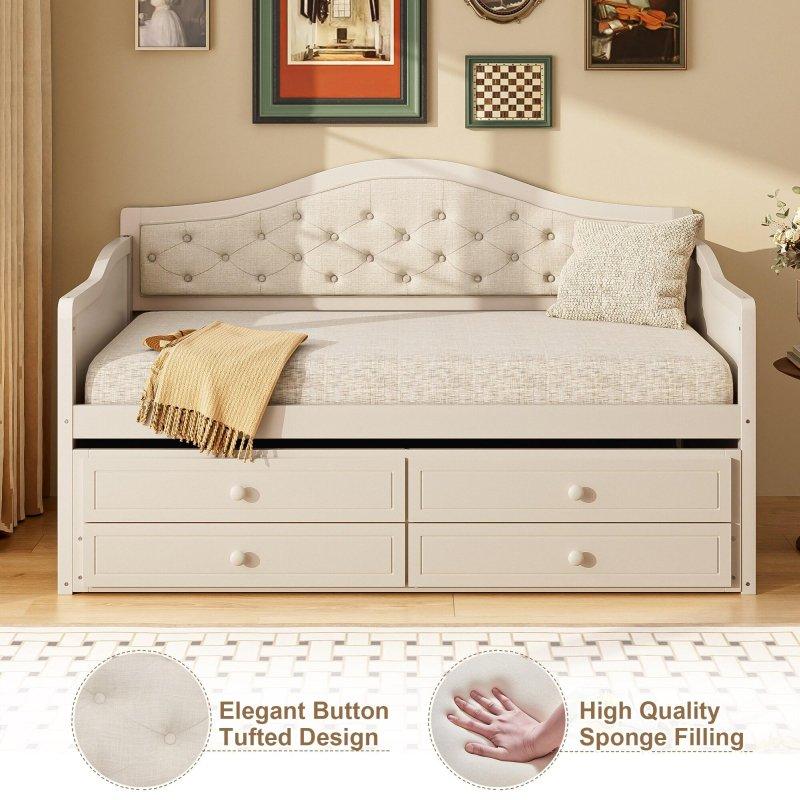 Bej Keten Kapitoneli Yavru Yataklı ve 2 Çekmeceli Masif Ahşap Daybed Karyola - 329799