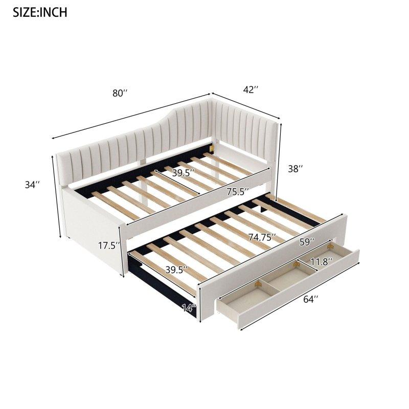 Bej Keten Kumaş 3 Çekmeceli Yavru Yataklı Masif Ahşap Daybed Karyola - 329628