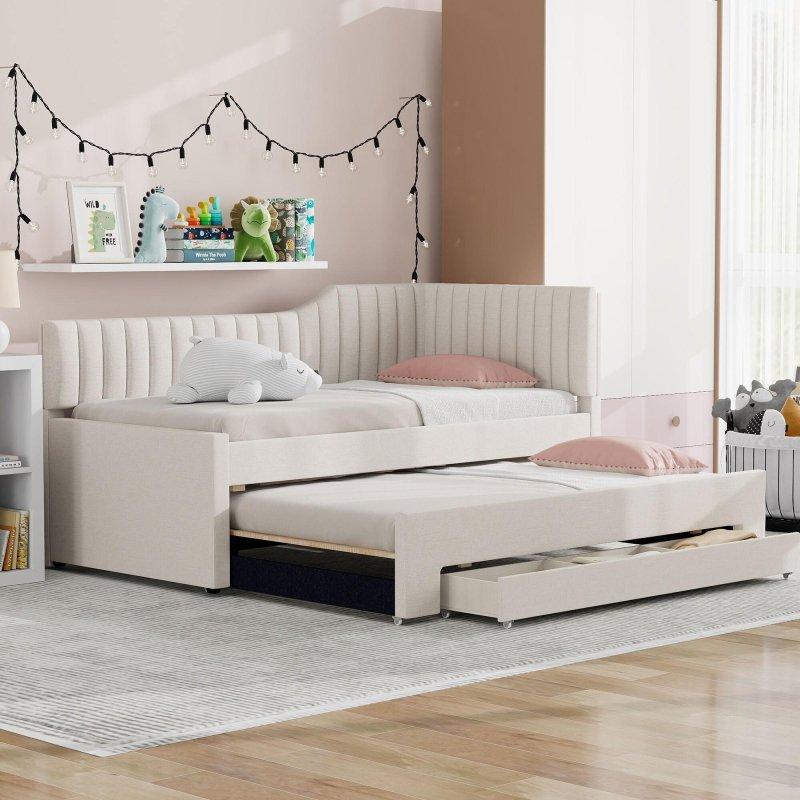 Bej Keten Kumaş 3 Çekmeceli Yavru Yataklı Masif Ahşap Daybed Karyola - 329628