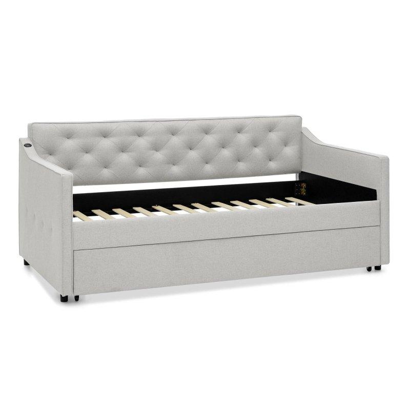 Bej Keten Kumaş Ahşap USB Şarj Portlu ve Yavru Yataklı Daybed Karyola - 330003