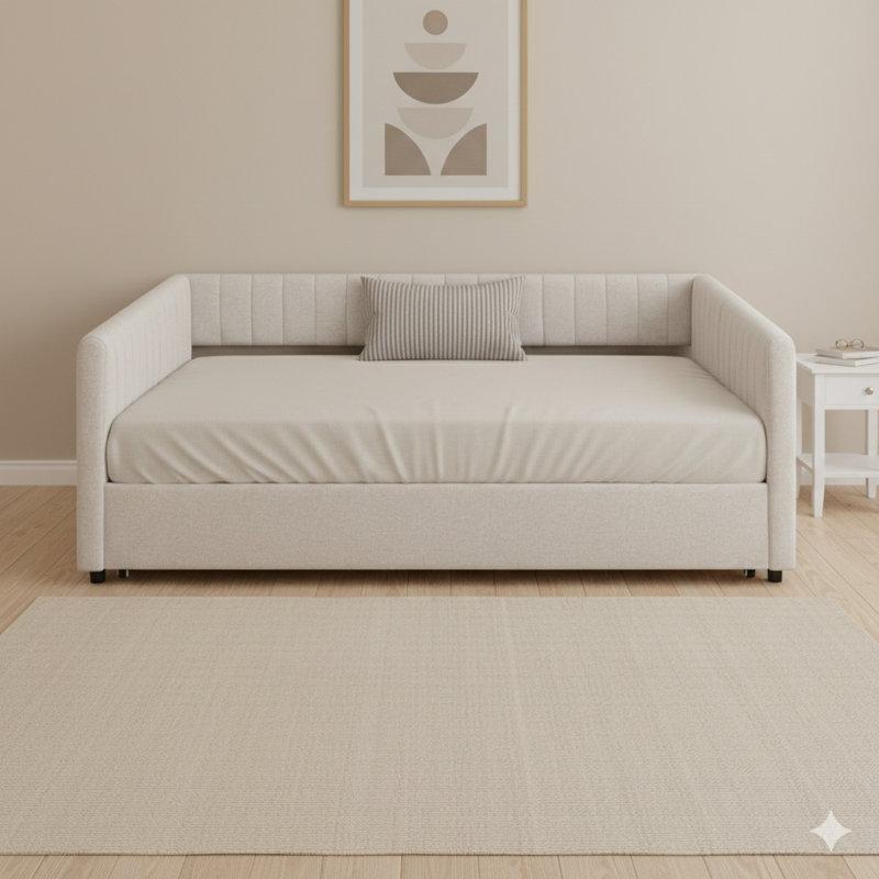 Bej Keten Kumaş Dikey Çizgili Döşemeli Yavru Yataklı Karyola - 210x148 cm - 328388