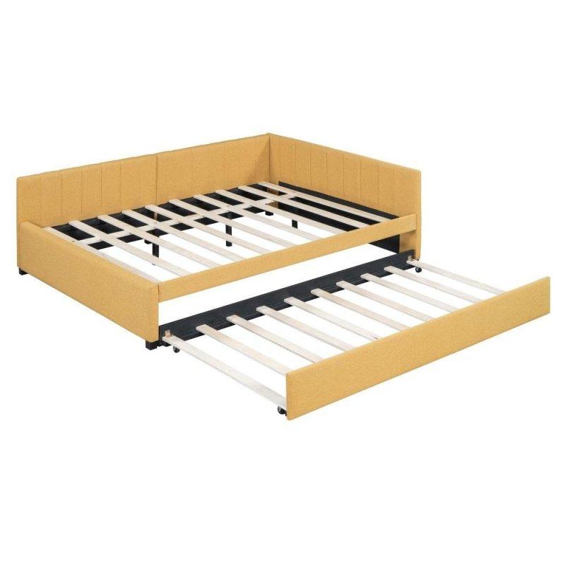 Bej Keten Kumaş Döşemeli Ahşap Yavru Yataklı Daybed Karyola - 201x148 cm - 330014