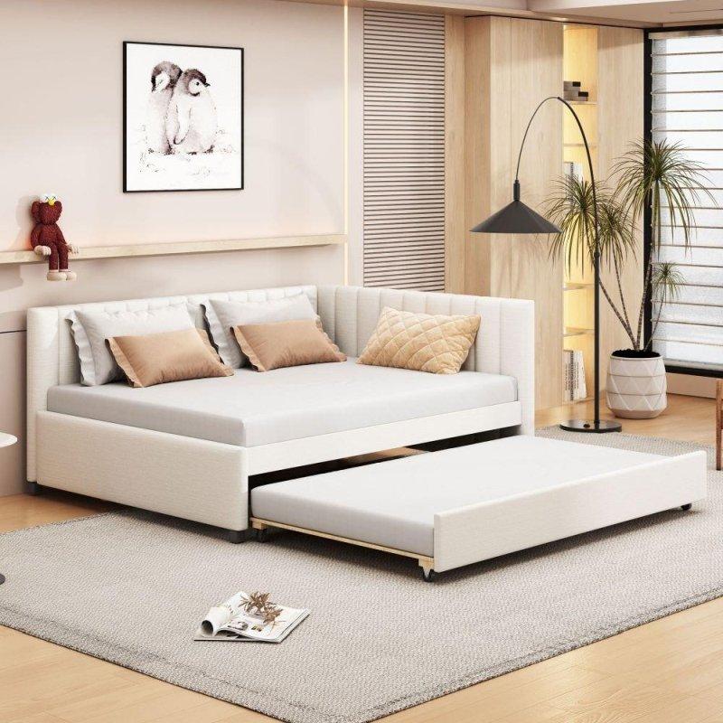 Bej Keten Kumaş Döşemeli Ahşap Yavru Yataklı Daybed Karyola - 201x148 cm - 330014