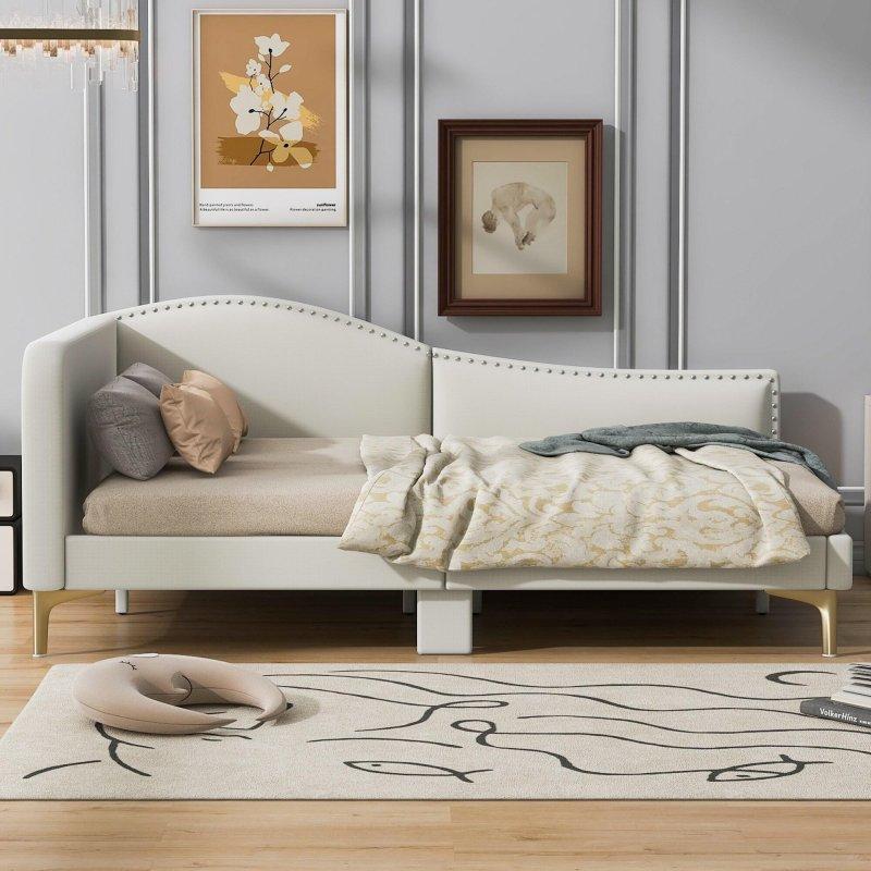 Bej Keten Kumaş Döşemeli Başlıklı ve Kolçaklı Ahşap Daybed Karyola - 329970