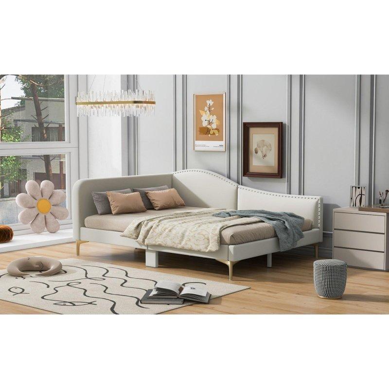 Bej Keten Kumaş Döşemeli Başlıklı ve Kolçaklı Ahşap Daybed Karyola - 329970