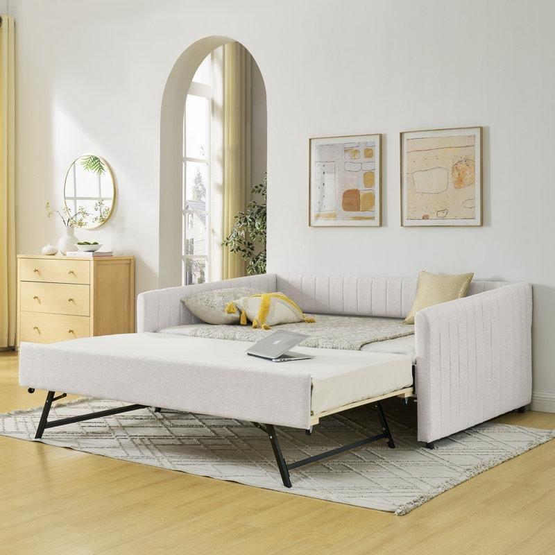 Bej Keten Kumaş Döşemeli Dikey Çizgili Yavru Yataklı Karyola - 210x148 cm - 328766