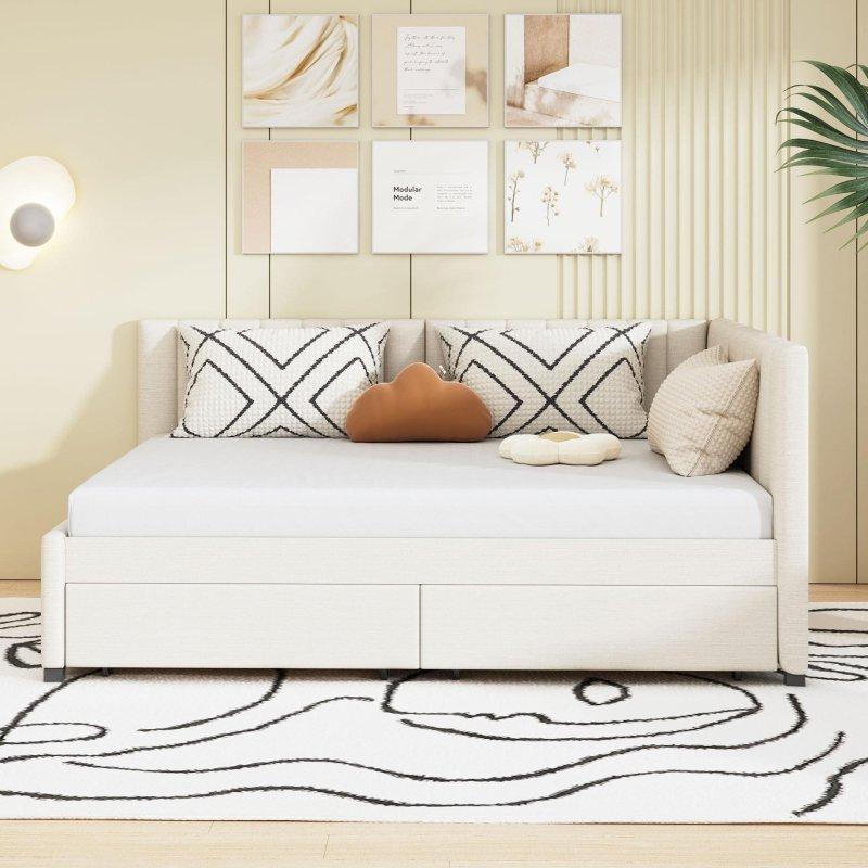 Bej Keten Kumaş Döşemeli MDF Yavru Yataklı Daybed Karyola - 330366