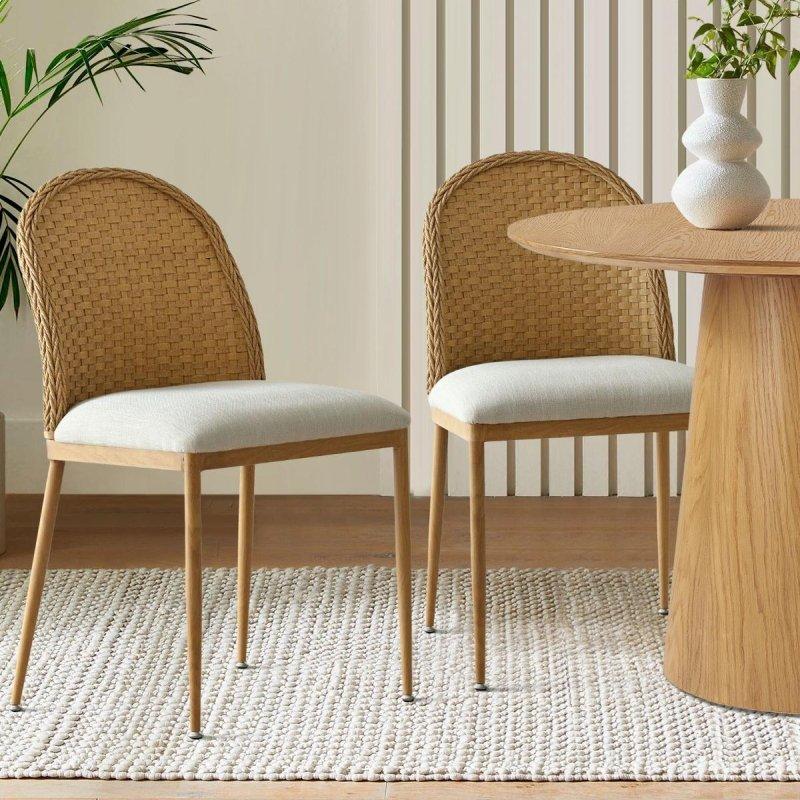 Bej Keten Kumaş Döşemeli Metal İskeletli 2li Set Rattan Sandalye - 252893