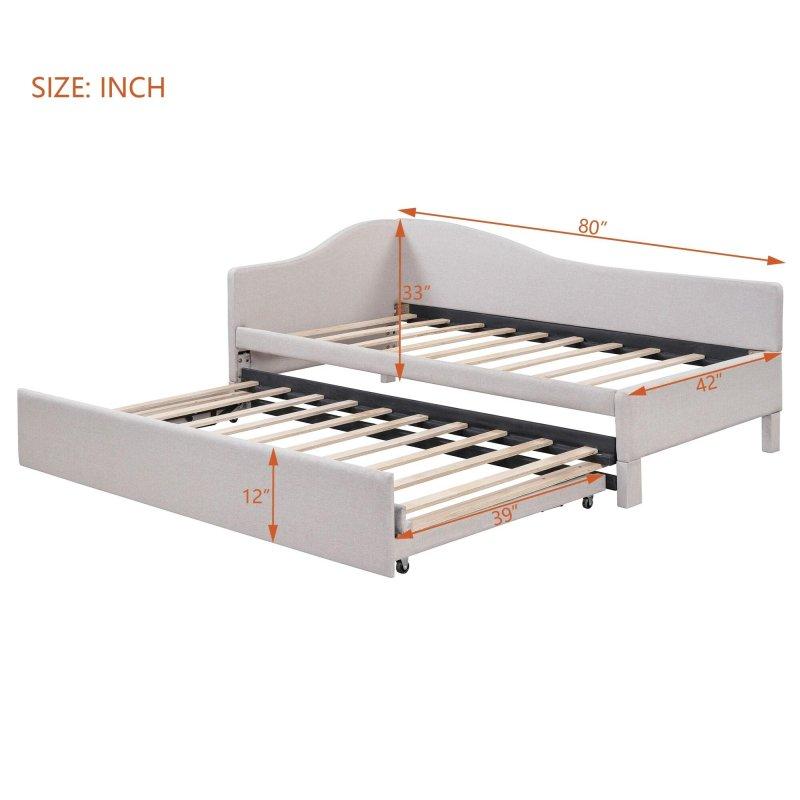 Bej Keten Kumaş Döşemeli Yavru Yataklı Daybed Karyola - 204x107 cm - 330022