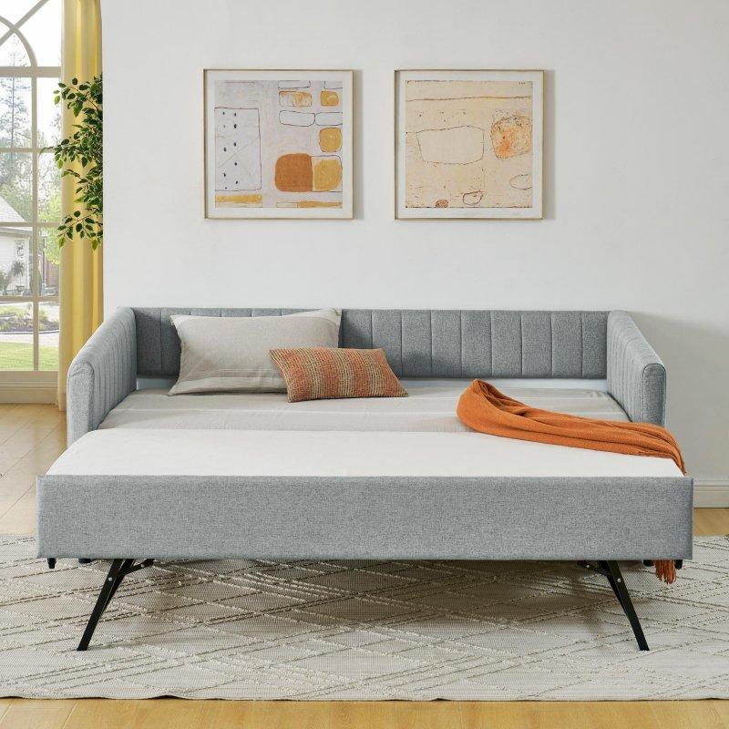 Bej Keten Kumaş Döşemeli Yavru Yataklı Daybed Karyola - 330048