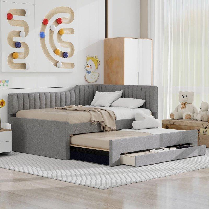 Bej Keten Kumaş Döşemeli Yavru Yataklı ve 3 Çekmeceli Daybed Karyola - 204x143 cm - 329788