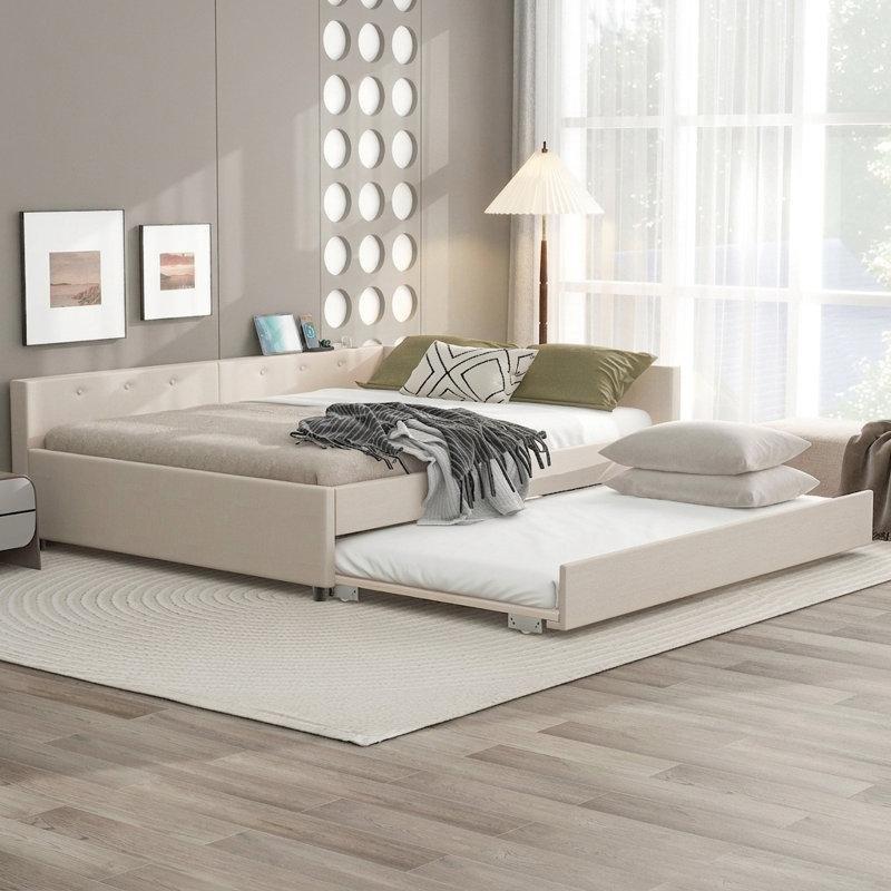 Bej Keten Kumaş Kapitoneli Tekerlekli Masif Ahşap Yavru Yataklı Karyola - 162x214 cm - 328330