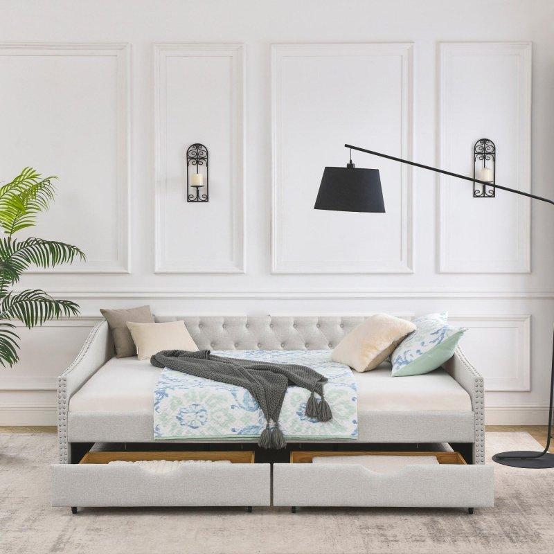 Bej Keten Kumaş Kapitoneli Zımba Detaylı 2 Çekmeceli Daybed Karyola - 329918