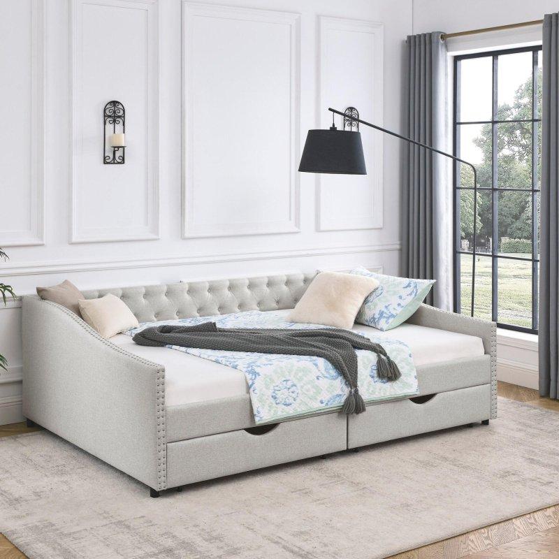 Bej Keten Kumaş Kapitoneli Zımba Detaylı 2 Çekmeceli Daybed Karyola - 329918