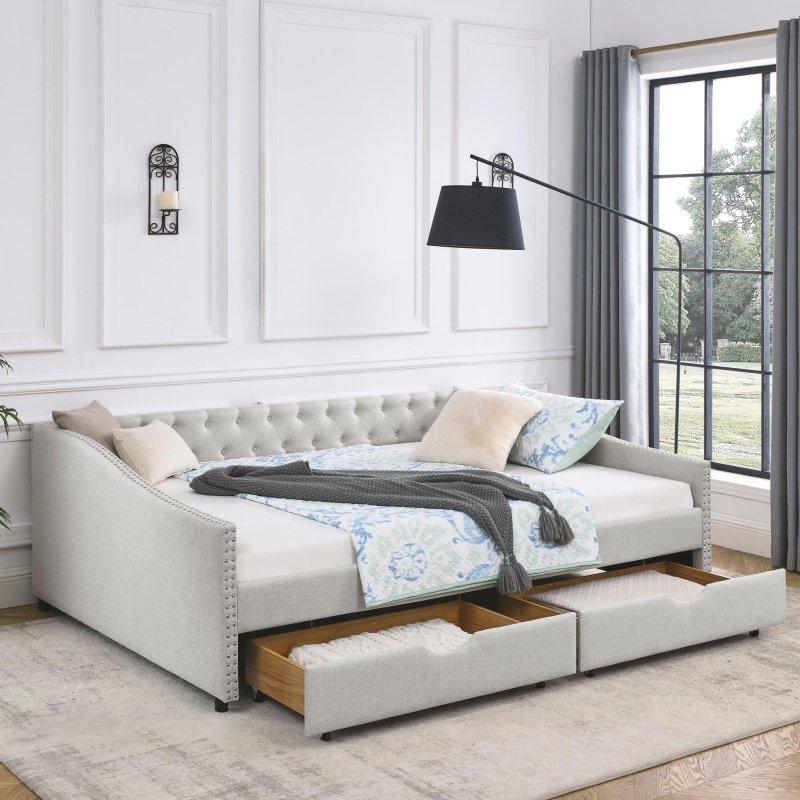 Bej Keten Kumaş Kapitoneli Zımba Detaylı 2 Çekmeceli Daybed Karyola - 329918