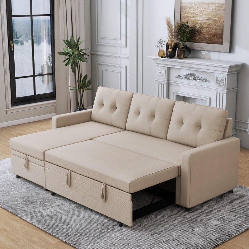 Bej Keten Kumaş Masif Ahşap Yataklı ve Sandıklı Köşe Koltuk - 201x132 cm - 256468