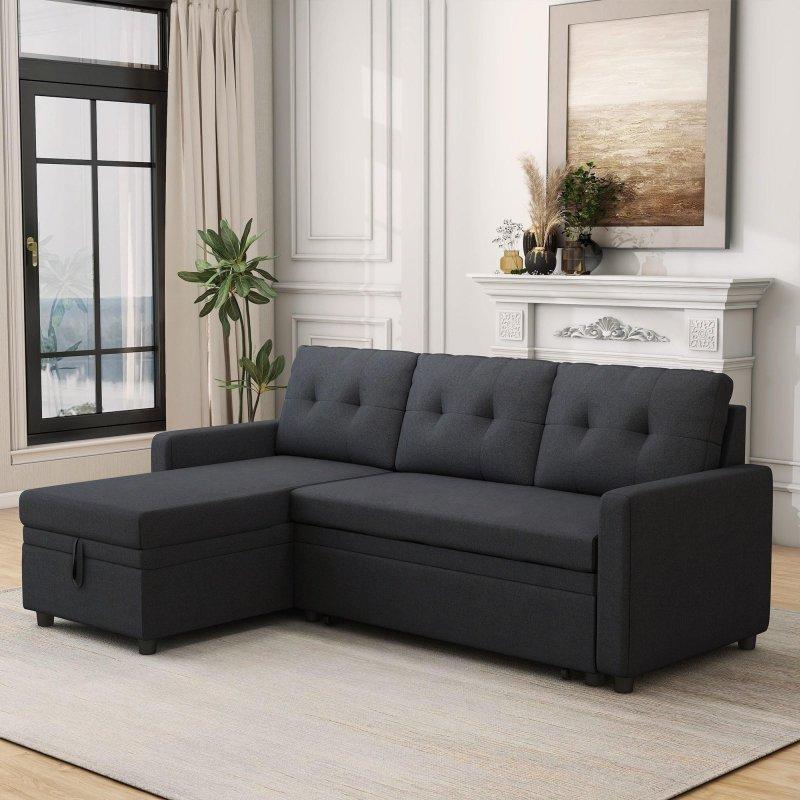 Bej Keten Kumaş Masif Ahşap Yataklı ve Sandıklı Köşe Koltuk - 201x132 cm - 256468