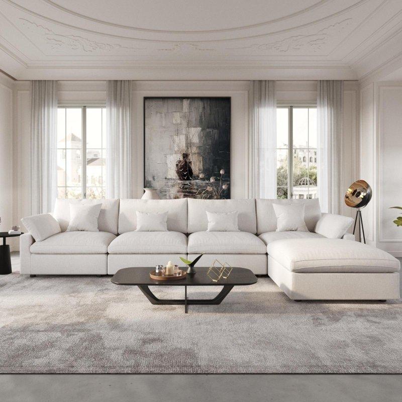Bej Keten Kumaş Modüler Puf Dahil Köşe Koltuk - 303x198 cm - 259635