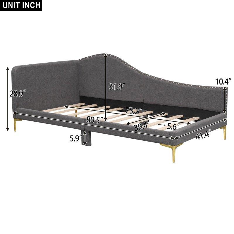 Bej Keten Kumaş Zımba Detaylı Gold Metal Ayaklı L Şeklinde Daybed Karyola - 329692