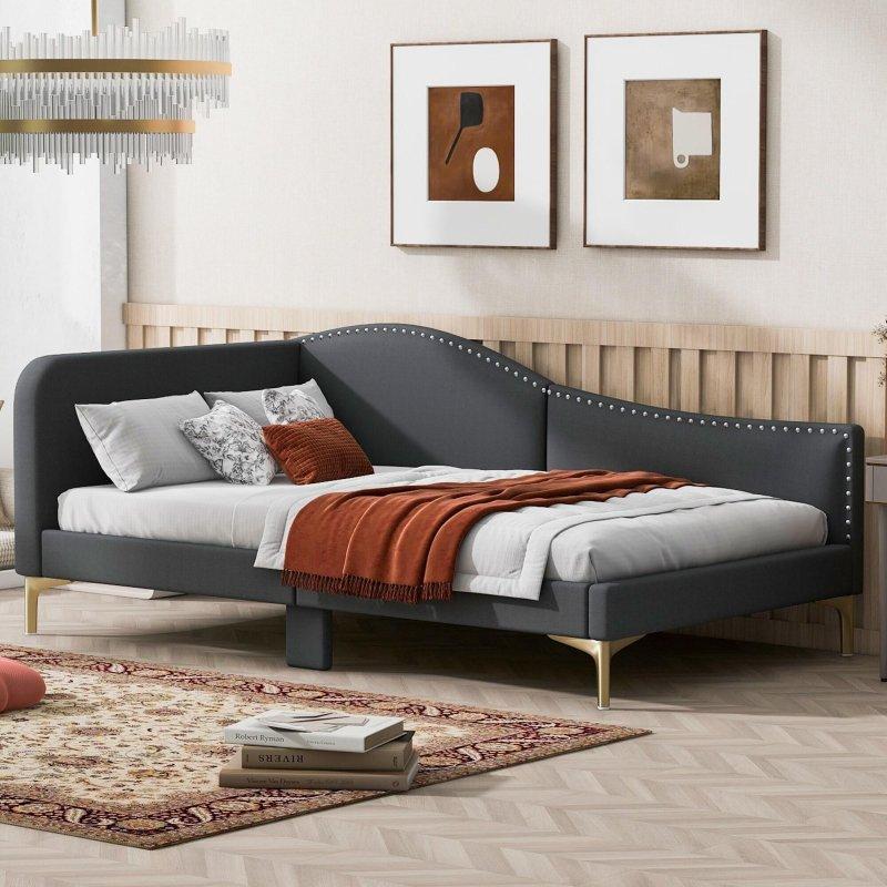 Bej Keten Kumaş Zımba Detaylı Gold Metal Ayaklı L Şeklinde Daybed Karyola - 329692