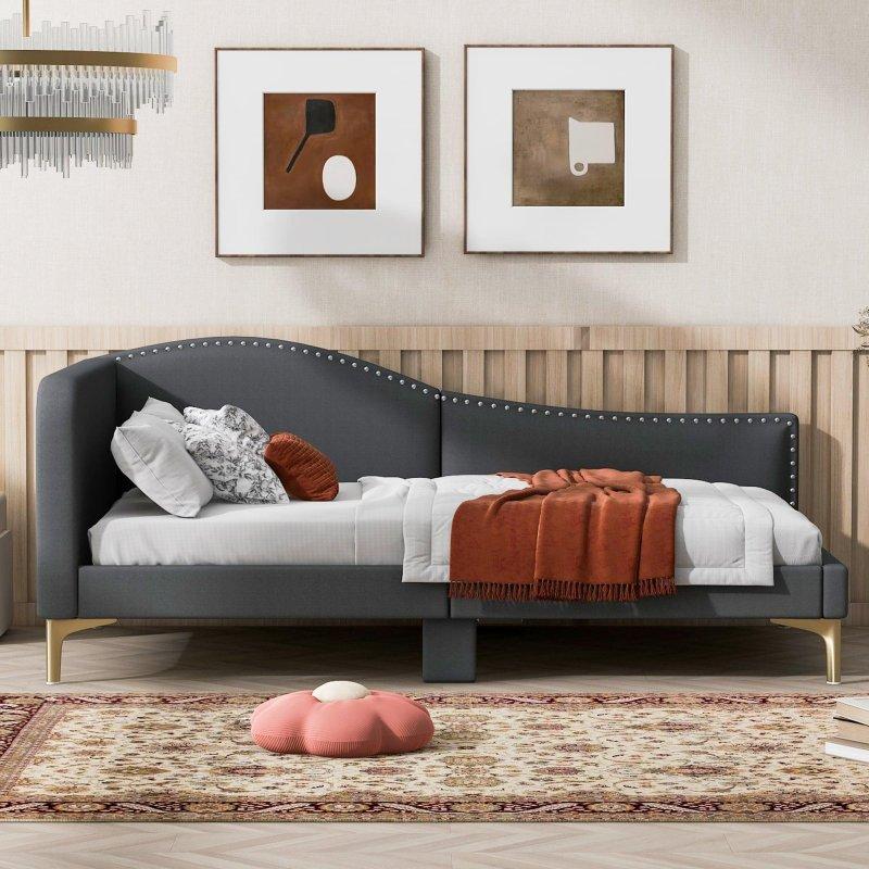 Bej Keten Kumaş Zımba Detaylı Gold Metal Ayaklı L Şeklinde Daybed Karyola - 329692