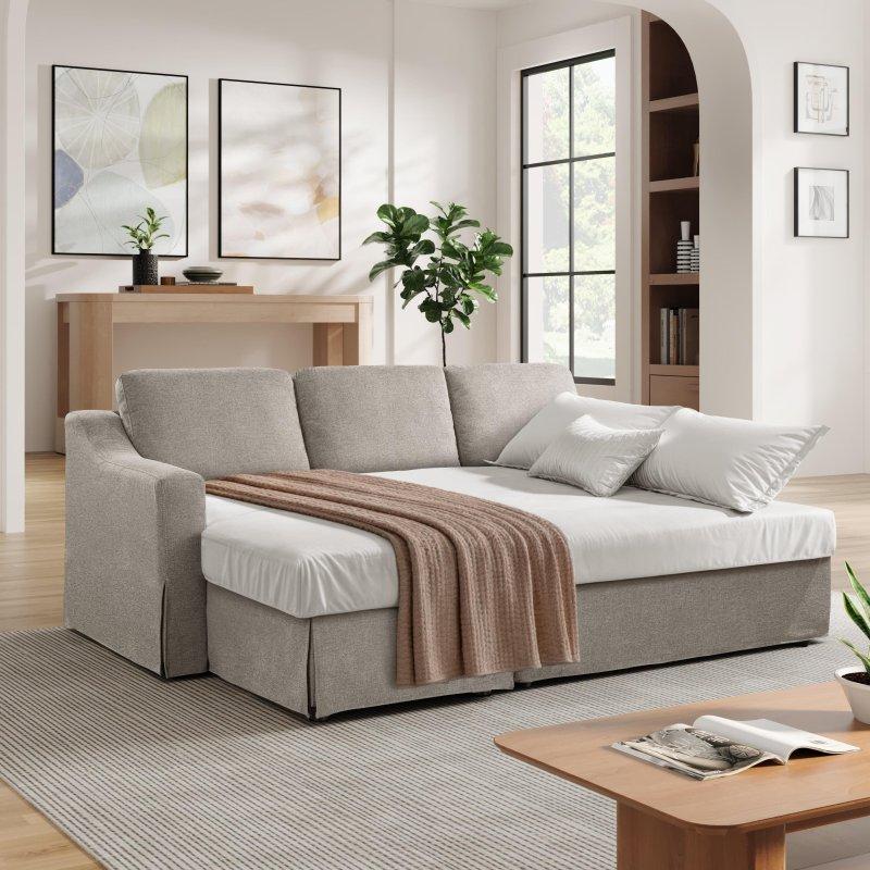 Bej Kumaş Ahşap Ayaklı Yataklı Saklama Alanlı Yönü Değiştirilebilir Köşe Koltuk - 229x229 cm - 260539