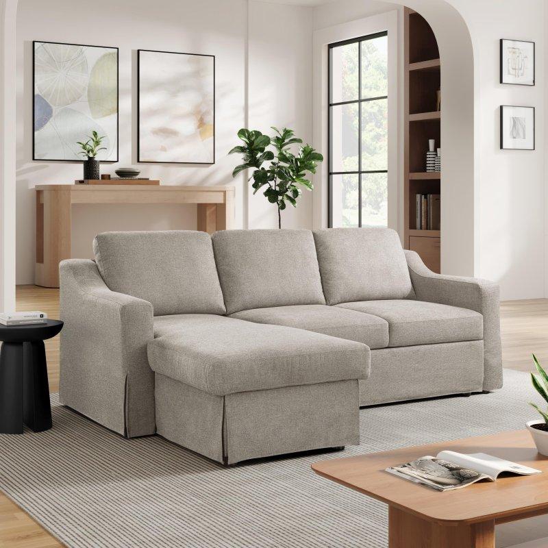 Bej Kumaş Ahşap Ayaklı Yataklı Saklama Alanlı Yönü Değiştirilebilir Köşe Koltuk - 229x229 cm - 260539