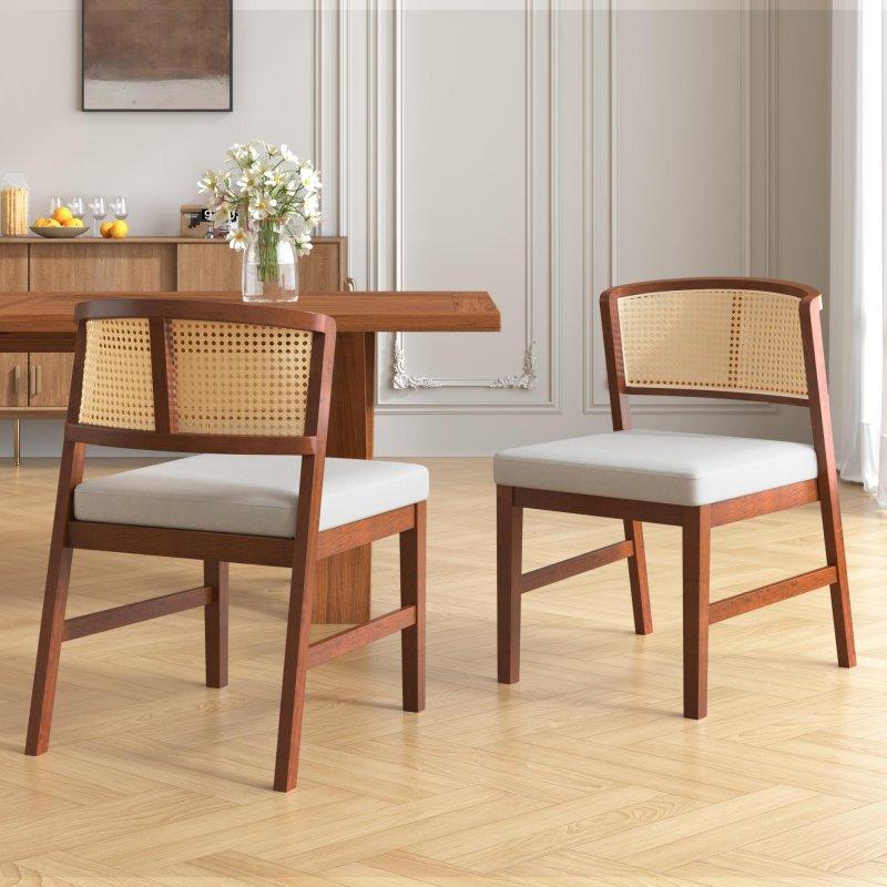 Bej Kumaş Döşemeli Ceviz Masif Ahşap Kavisli Sırtlı 2li Set Rattan Sandalye - 252136
