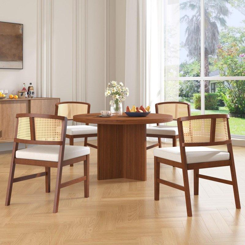 Bej Kumaş Döşemeli Ceviz Masif Ahşap Kavisli Sırtlı 2li Set Rattan Sandalye - 252136