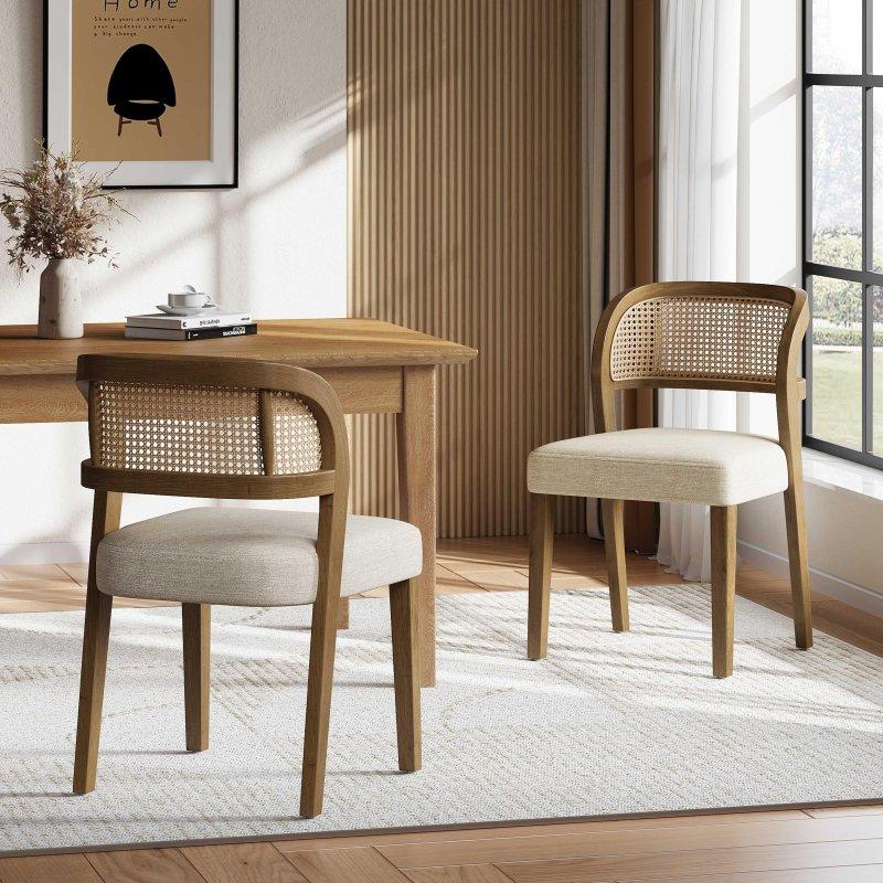 Bej Kumaş Döşemeli Ceviz Masif Kauçuk Ağacı Kavisli Sırtlı Rattan Sandalye Seti - 49 cm - 253094