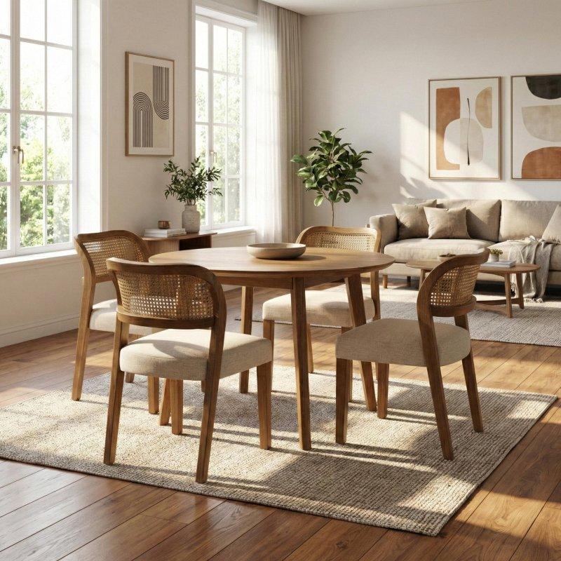 Bej Kumaş Döşemeli Ceviz Masif Kauçuk Ağacı Kavisli Sırtlı Rattan Sandalye Seti - 49 cm - 253094