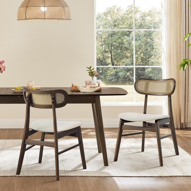 Bej Kumaş Döşemeli El Örgüsü Ahşap Rattan Sandalye - 252772