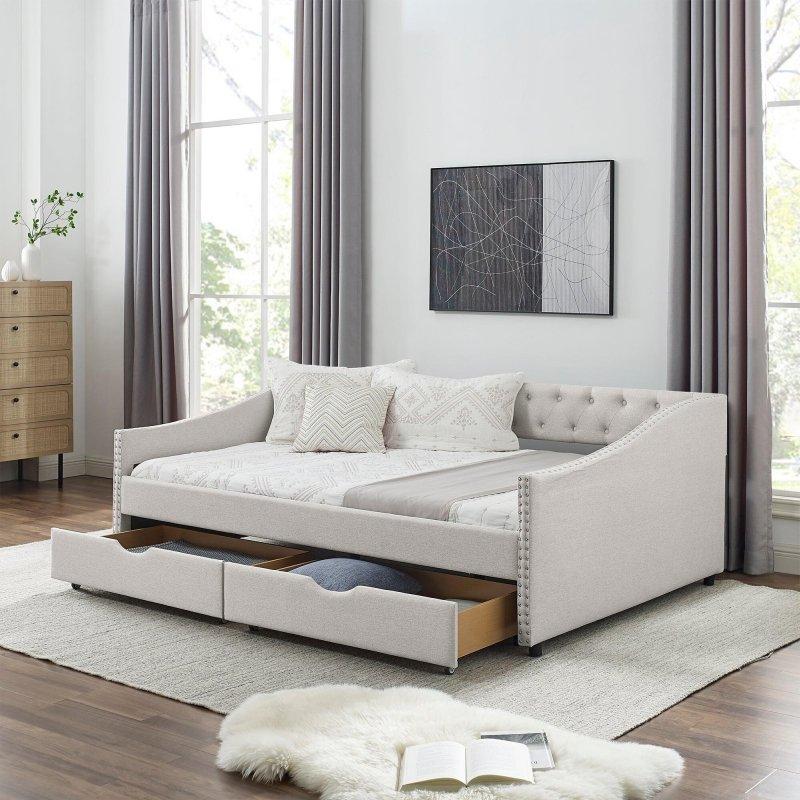 Bej Kumaş Döşemeli Kapitoneli Yavru Yataklı ve Çekmeceli Daybed Karyola - 329828