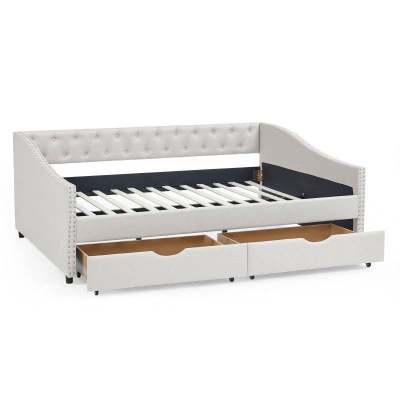 Bej Kumaş Döşemeli Kapitoneli Yavru Yataklı ve Çekmeceli Daybed Karyola - 329828