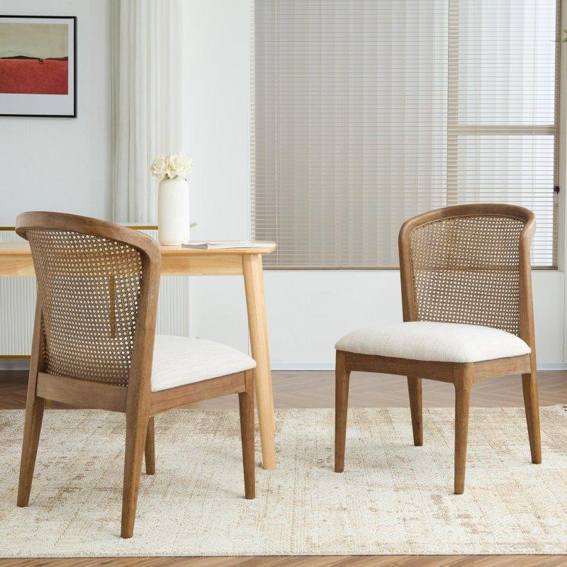 Bej Kumaş Döşemeli Kauçuk Ağacı İskeletli Rattan Sandalye 2li Set - 253075