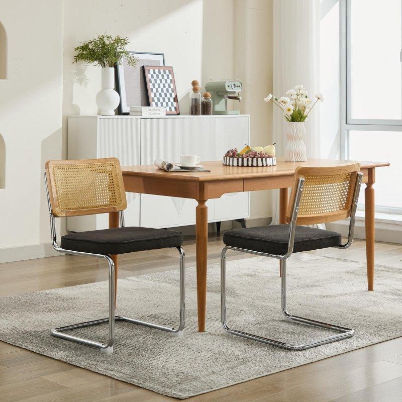 Bej Kumaş Döşemeli Krom Çelik Konsol Tabanlı 2li Set Rattan Sandalye - 253298