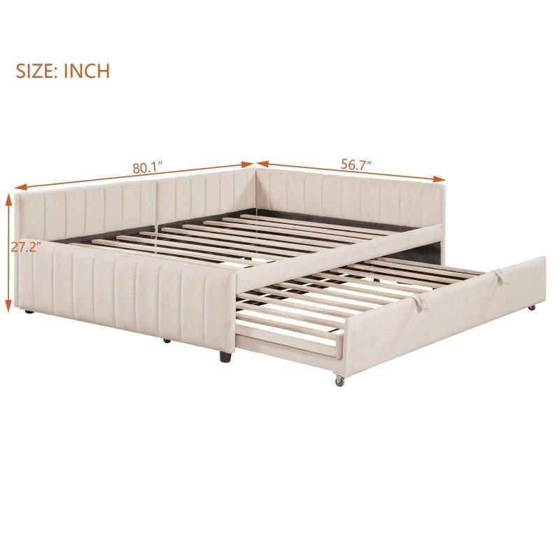 Bej Kumaş Döşemeli L Köşe Tasarımlı Yavru Yataklı Daybed Karyola - 204x145 cm - 330324